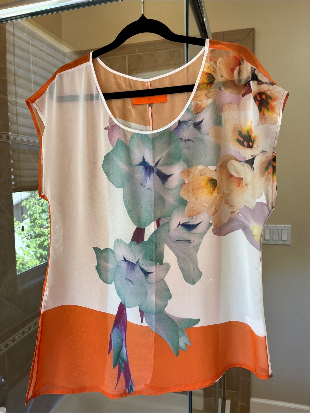Clover Canyon White Floral Blouse with Orange Trim